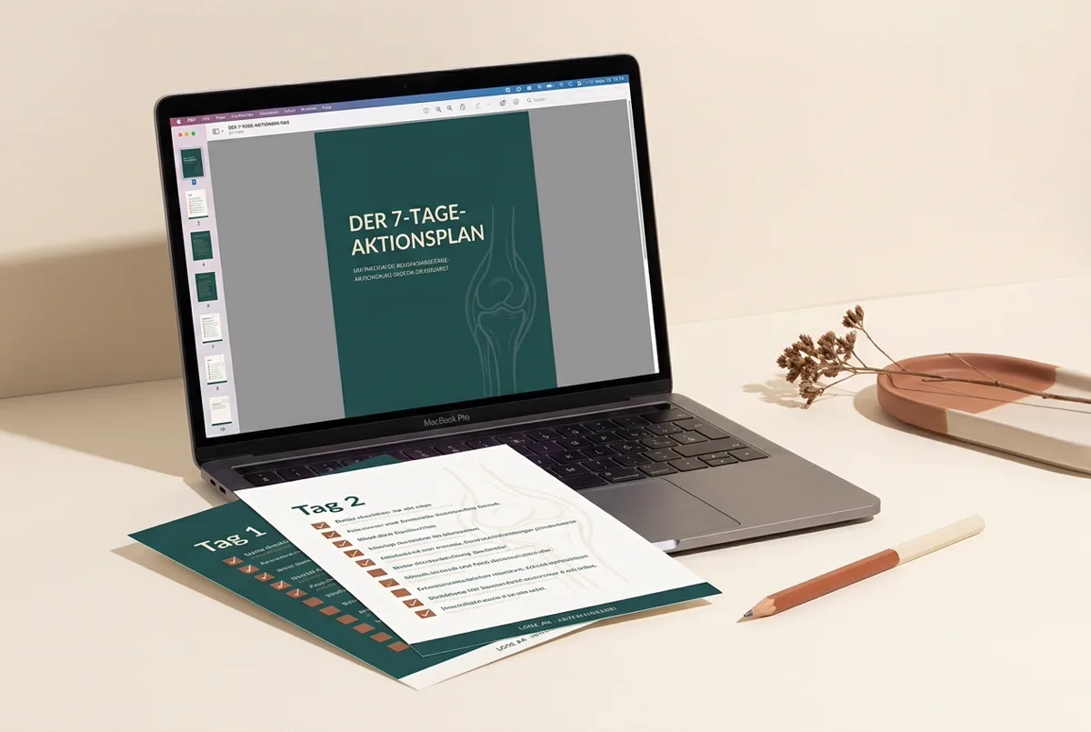 Der 7-Tage-Aktionsplan als PDF auf dem Laptop mit ausgedruckten Tages-Checklisten