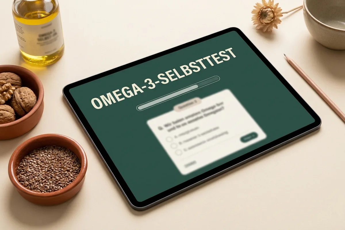 Der Omega-3-Selbsttest auf dem Tablet mit Walnüssen und Leinsamen