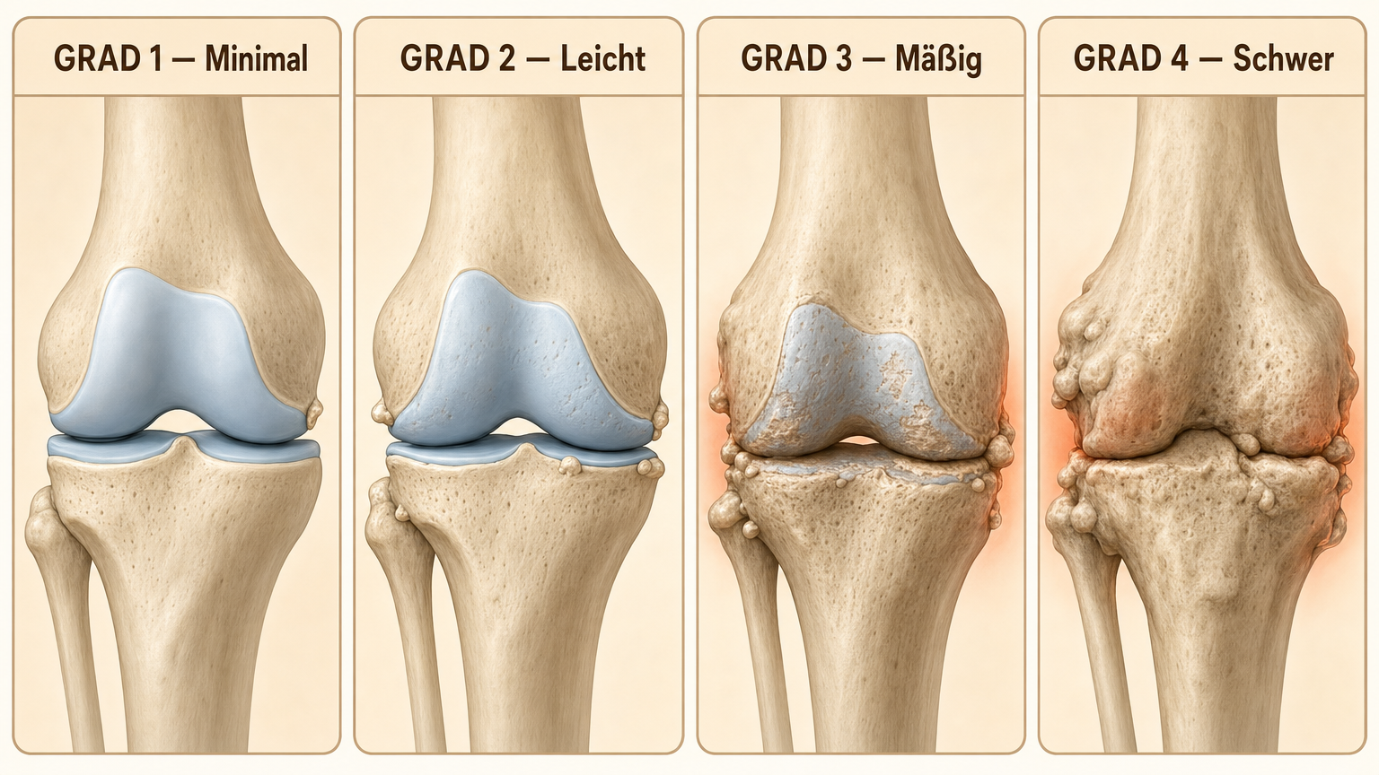 Infografik: Die vier Kellgren-Lawrence-Stadien der Arthrose – von Grad 1 (minimal) bis Grad 4 (schwer, „Knochen auf Knochen").
