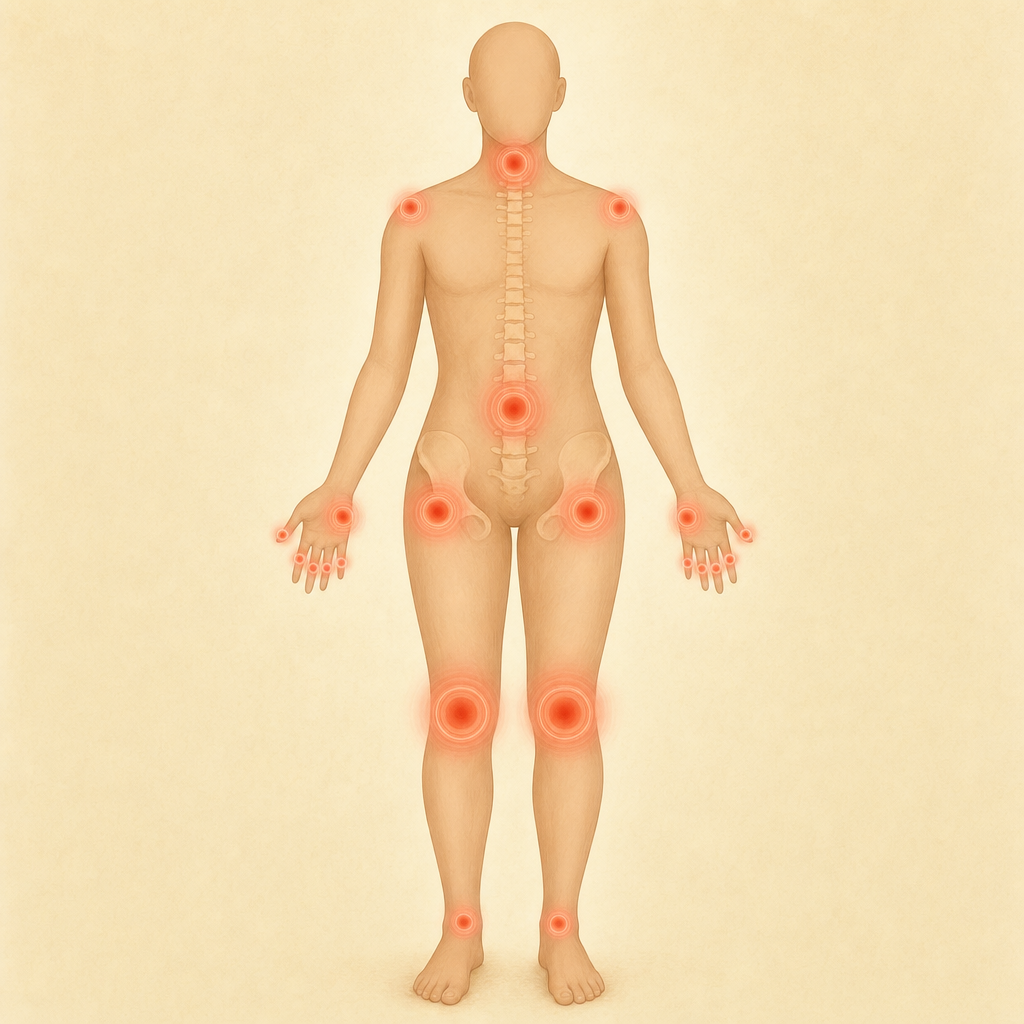 Bodymap: Häufigste Arthrose-Lokalisationen am menschlichen Körper – Knie, Hüfte, Wirbelsäule, Finger, Schultern, Sprunggelenke.