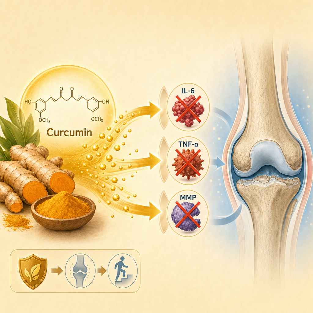 Wirkmechanismus von Curcumin: goldgelbe Curcumin-Partikel blockieren die Entzündungstreiber IL-6, TNF-α und MMP im Gelenk.