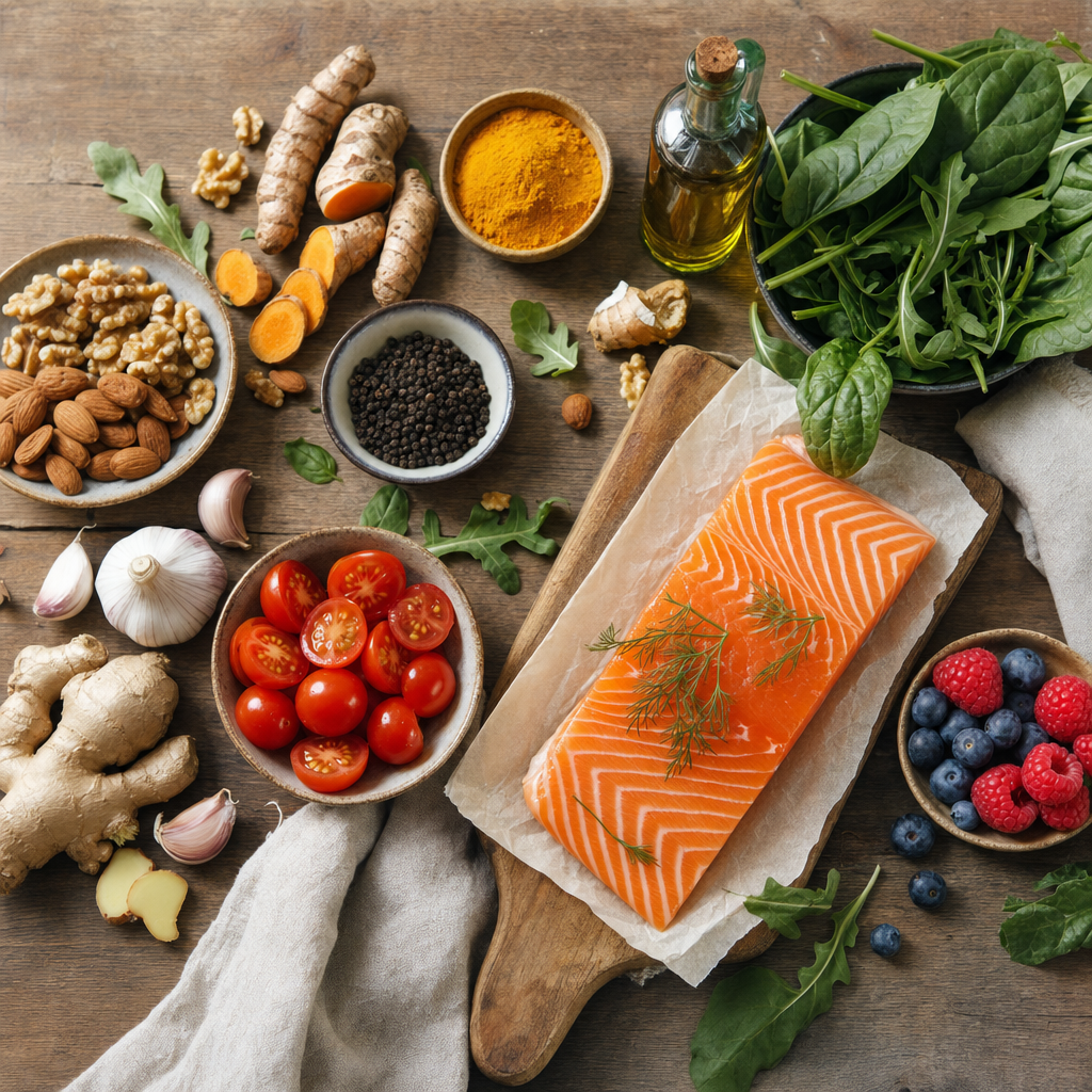 Flat-Lay anti-entzündlicher Mittelmeer-Lebensmittel: Lachs, Kurkuma, Olivenöl, frische Kräuter, Beeren, Nüsse, Ingwer und schwarzer Pfeffer.