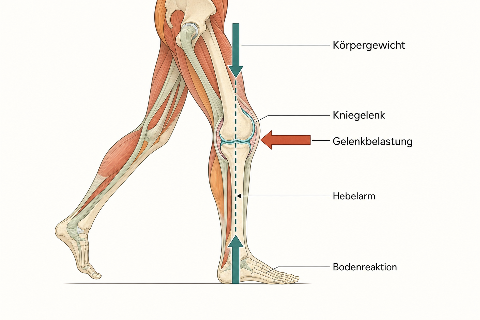 Seitansicht eines gehenden Beins mit markiertem Hebelarm: Pfeile für Körpergewicht und Bodenreaktion führen zu einem stärkeren, terrakottafarbenen Kraftpfeil am Knie.