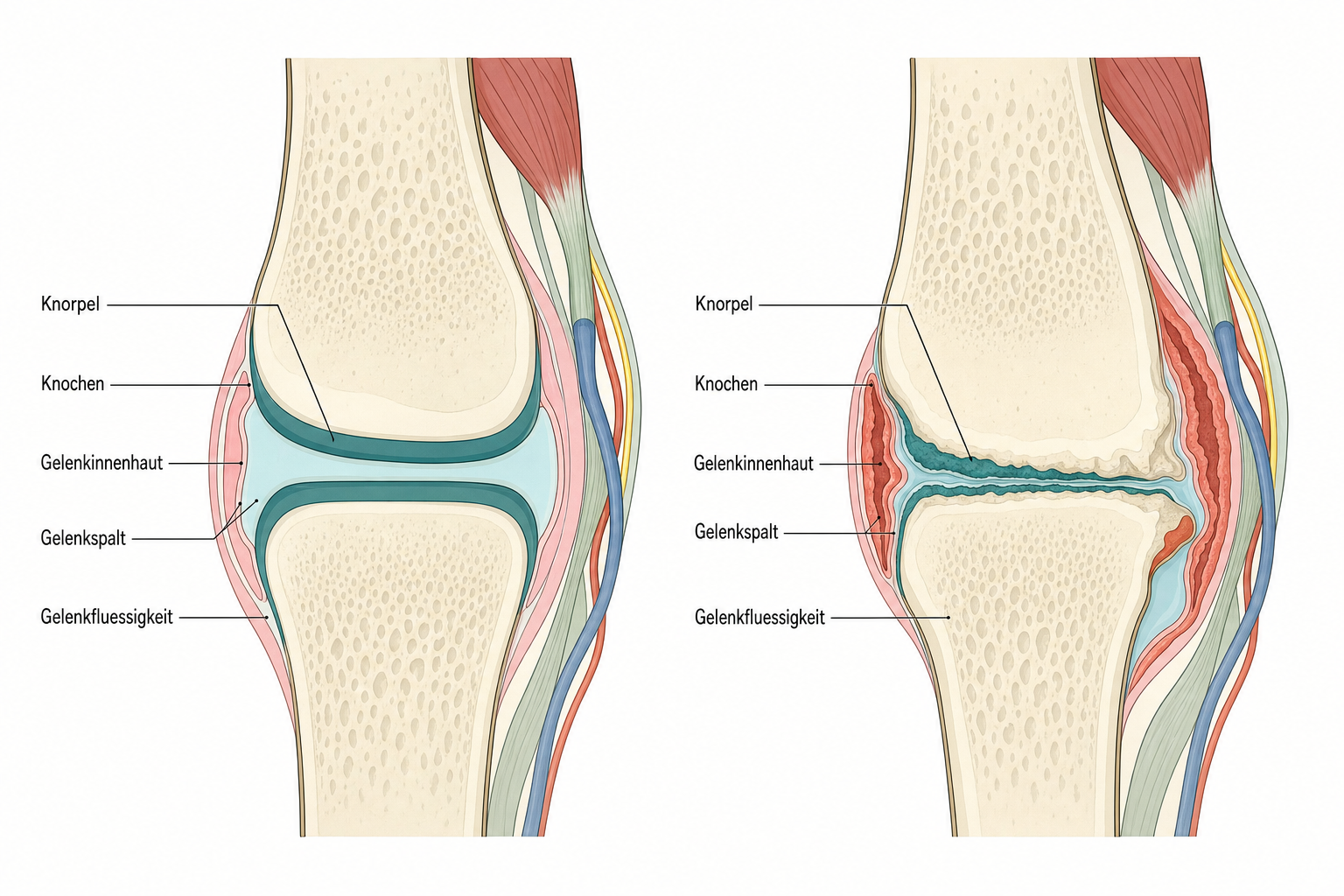 Seitlicher Vergleich: gesundes und entzündet-arthrotisches Innen-Knie im Frontalschnitt mit ausgedünntem Knorpel, verschmälertem Gelenkspalt, verdickter Gelenkinnenhaut und Reizerguss.
