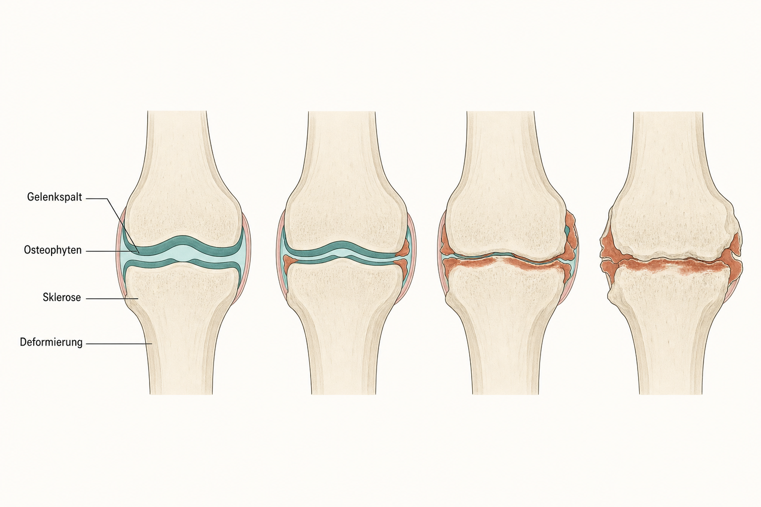 Vier Felder mit Kniegelenk-Detail im Frontalschnitt, von nahezu normal bis schwerer Arthrose, mit abnehmendem Gelenkspalt, wachsenden Osteophyten, subchondraler Sklerose und Knochendeformierung farblich hervorgehoben.
