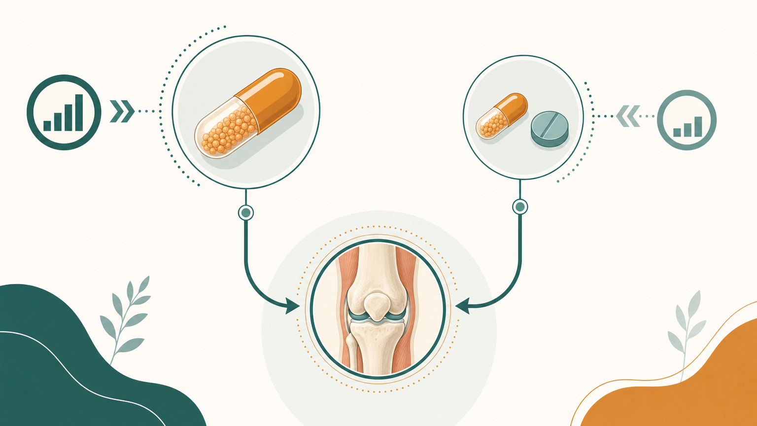 Schematischer Vergleich zweier Dosierungswege: Curcumin als alleinige Therapie gegenüber einer niedrigeren Curcumin-Dosis, die eine reduzierte NSAR-Menge begleitet.