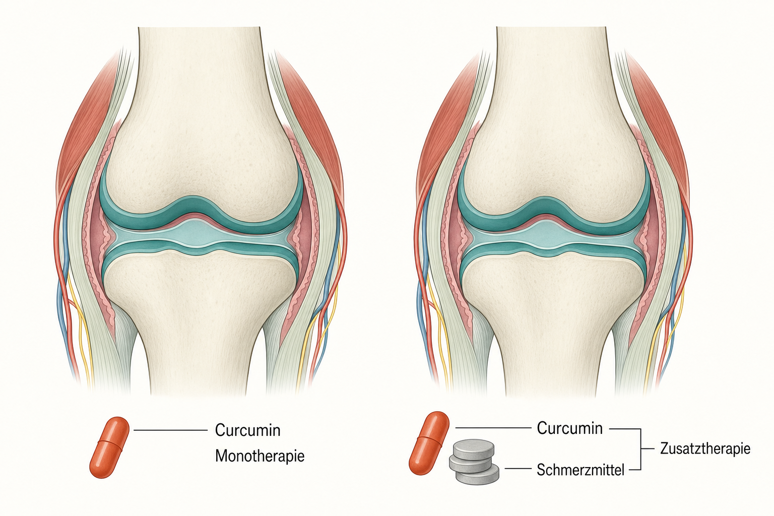 Zwei gleich große Knieausschnitte vergleichen die Therapiepfade: links Curcumin allein als terrakottafarbene Kapsel, rechts Curcumin mit kleinerem grauen Schmerzmittel-Stapel als Zusatztherapie.