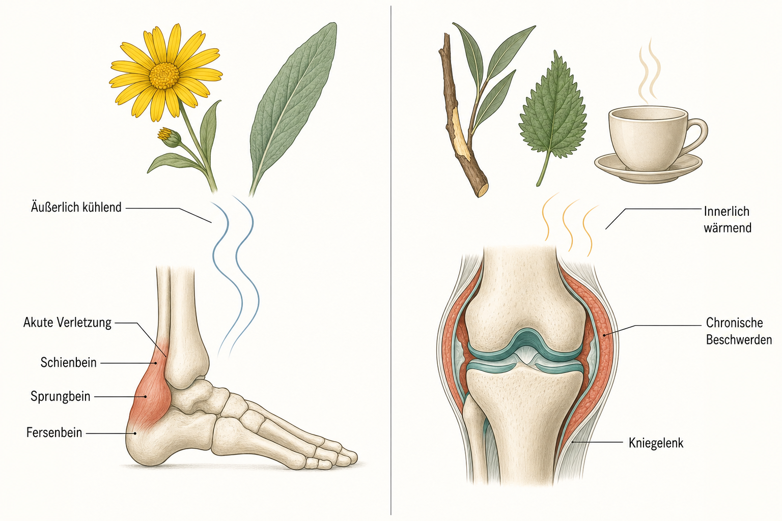 Zweigeteiltes Schema: links ein geschwollenes Sprunggelenk mit Arnikablüte, Beinwellblatt und kühlenden Wellenlinien, rechts ein Kniegelenk im Schnitt mit Weidenzweig, Brennnesselblatt, Teetasse und wärmenden Wellenlinien