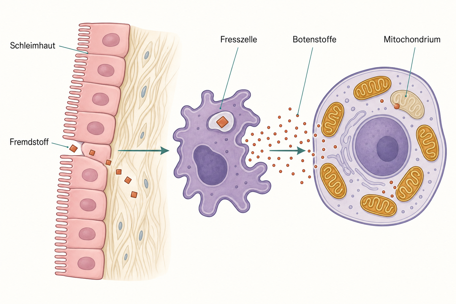 Schema einer Darmwand, in der Fremdstoffe durch eine Lücke der Schleimhaut zu einer Fresszelle gelangen, die Botenstoffe abgibt, welche auf die Mitochondrien einer Körperzelle treffen