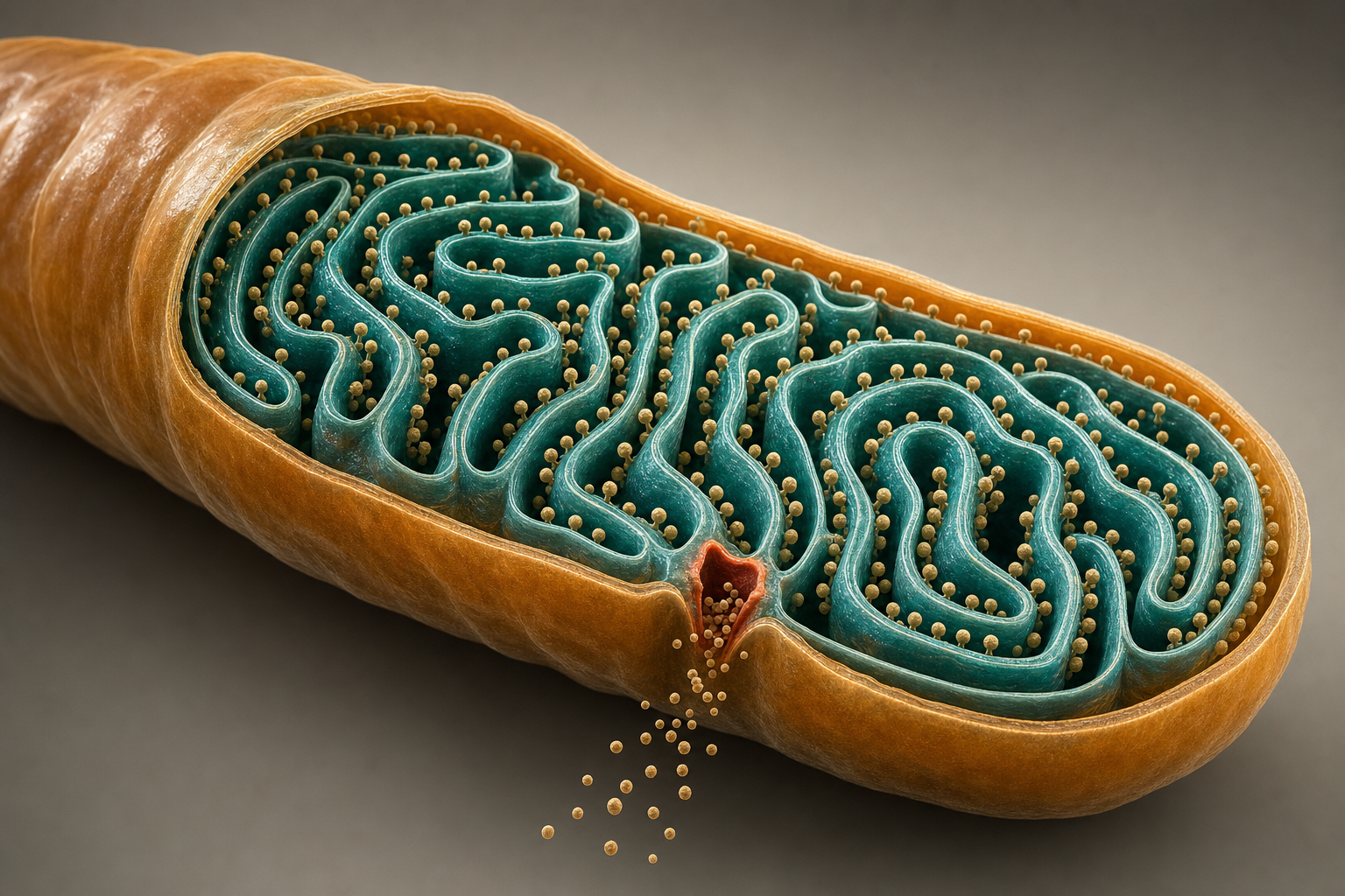 3D-Innenansicht eines aufgeschnittenen Mitochondriums mit gefalteter Innenmembran, winzigen Rotoren auf den Falten und einem terrakottafarben markierten Leck in der Membran