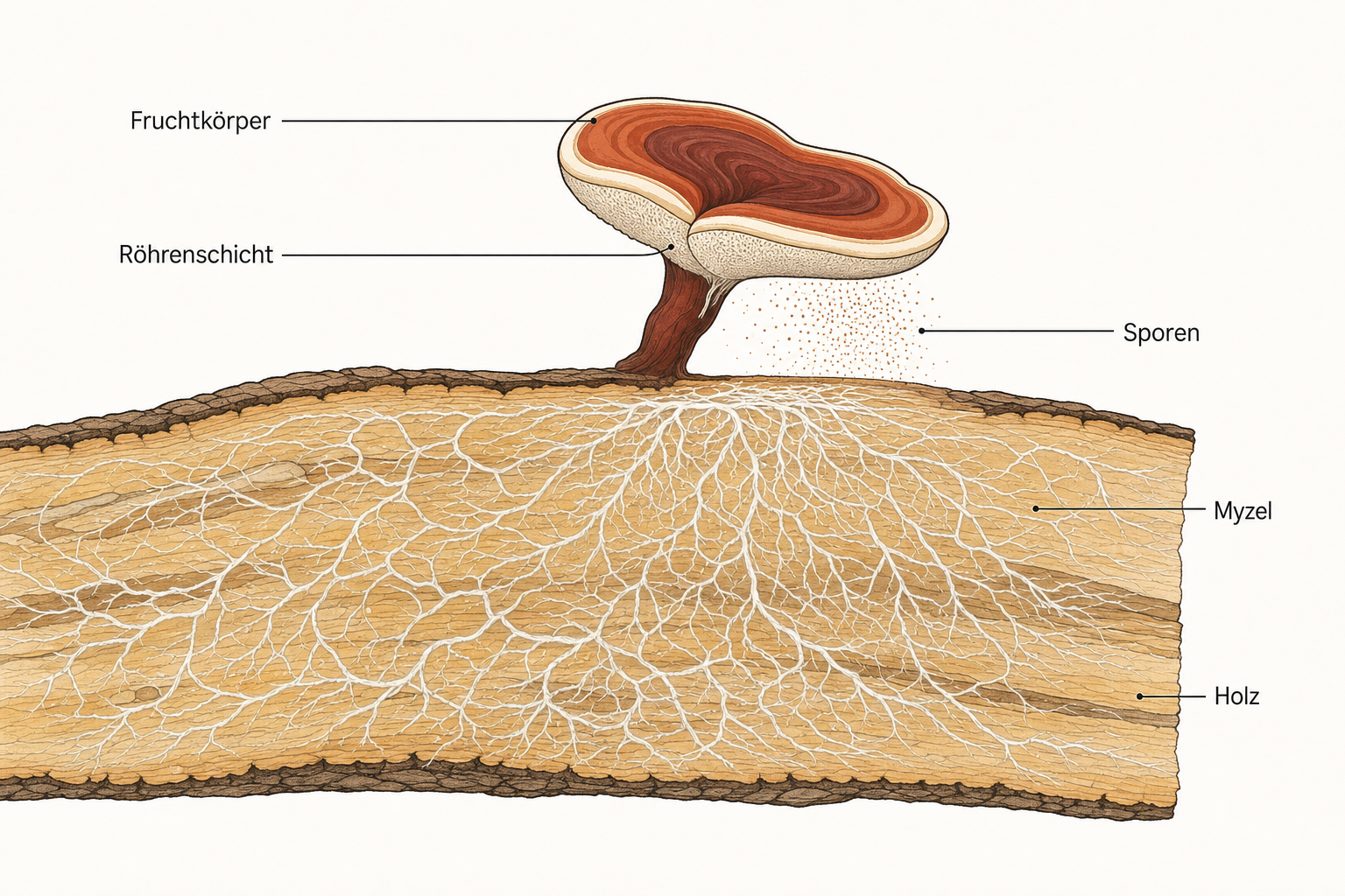 Schema eines Reishi auf einem Stück Totholz: das weiße Myzelgeflecht durchzieht das Holz, der gebänderte Fruchtkörper sitzt außen, Sporen lösen sich aus der Röhrenschicht