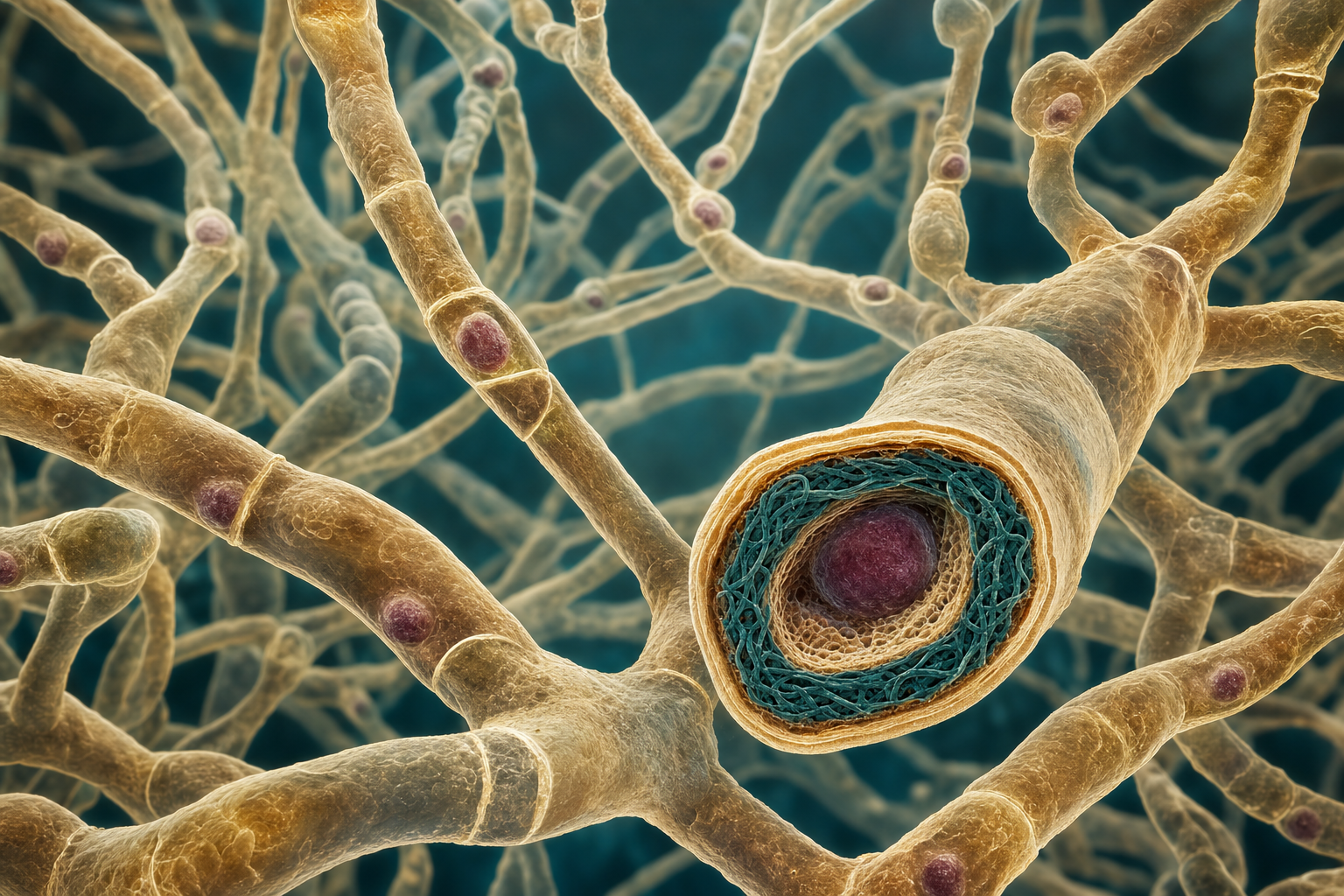 Mikroskopische Visualisierung verzweigter Pilzhyphen, eine davon quer aufgeschnitten mit dicker geschichteter Zellwand und eingelagerten Beta-Glucan-Strängen