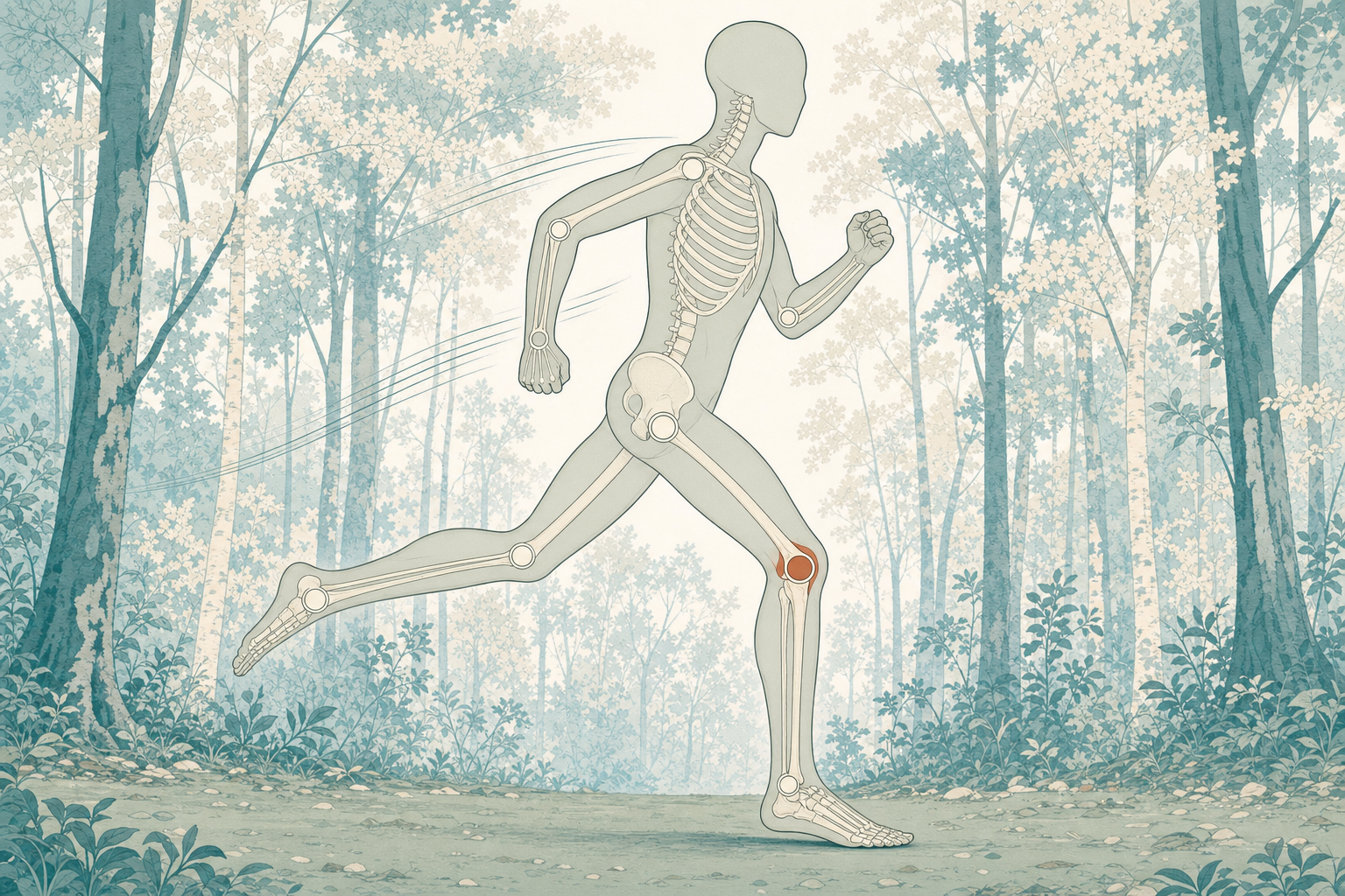 Wissenschaftliche Grafikfigur im Laufschritt, die mit dem Mittelfuß auf einem weichen Waldweg aufsetzt, Skelett durchscheinend, Kniegelenk terrakottafarben markiert, dahinter gestaffelte Baumstämme