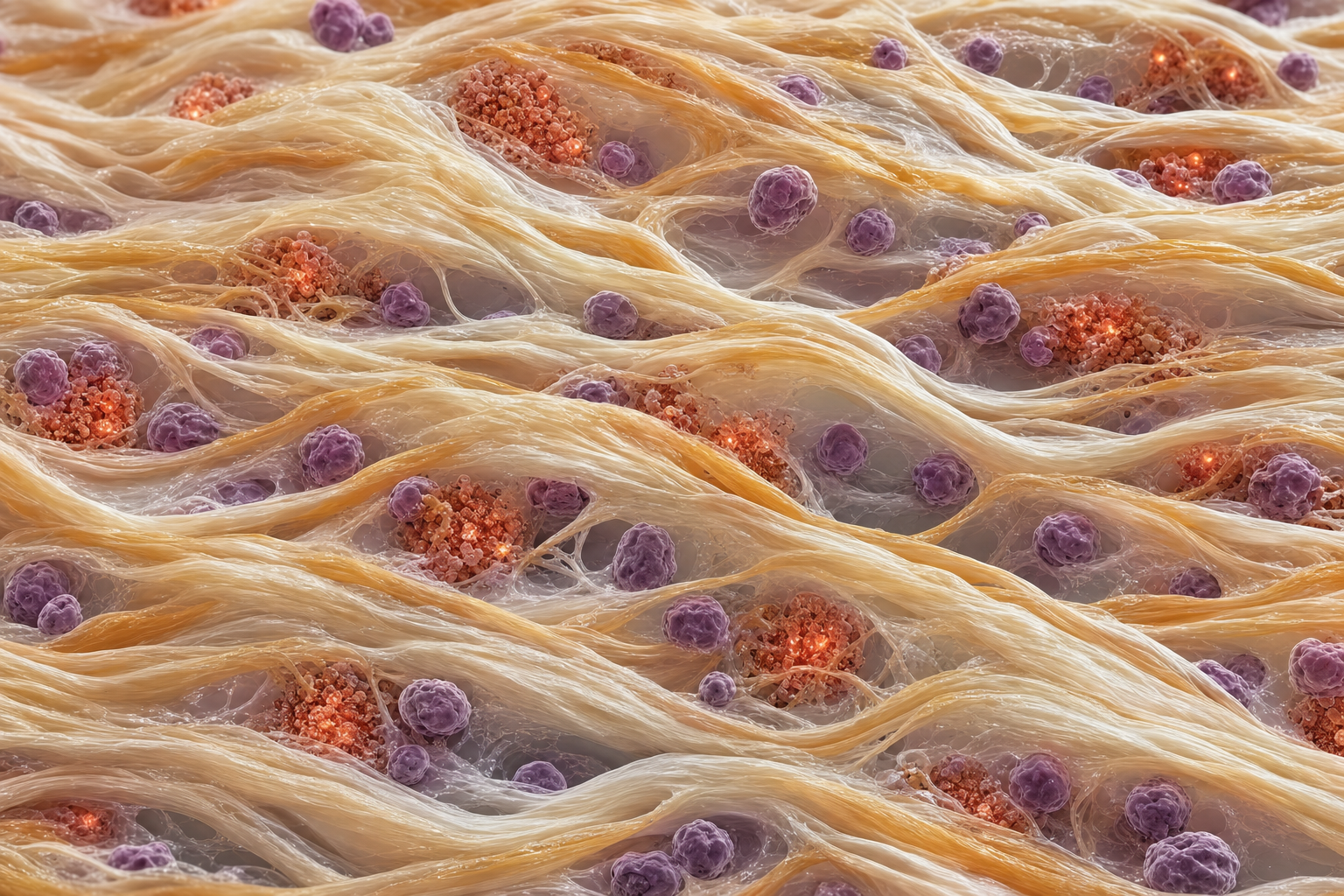 3D-Nahaufnahme in ein Bindegewebe mit vielen kleinen glimmenden Entzündungsherden zwischen Kollagenfasern und ruhenden Immunzellen