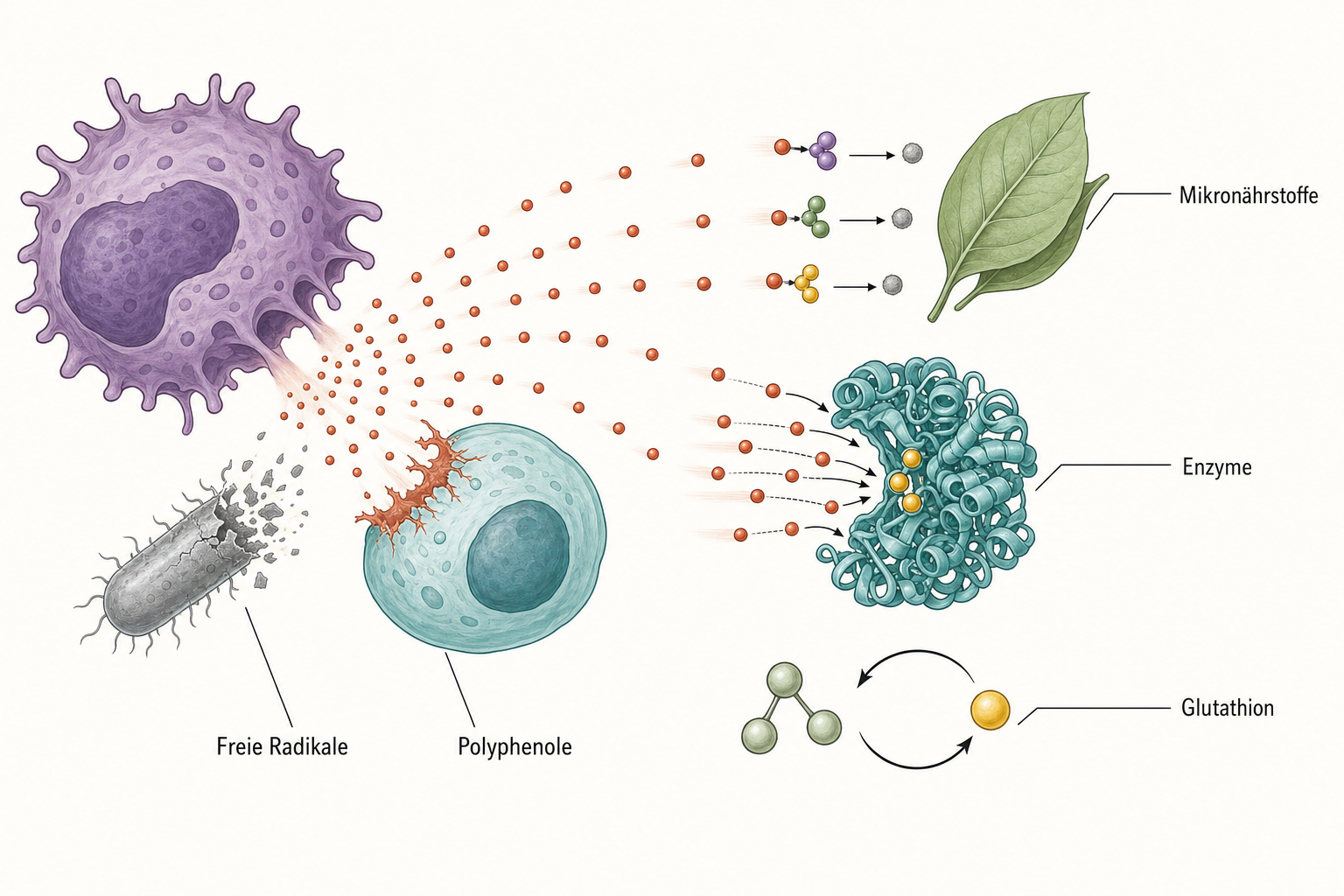Schema mit einer Immunzelle, die freie Radikale auf ein Bakterium und eine körpereigene Zelle abgibt, und drei Abwehrlinien: Polyphenole aus einer Pflanze, körpereigene Enzyme mit den Bausteinen Zink, Selen und Mangan sowie Glutathion, das über Vitamin C im Kreis wieder aufgeladen wird