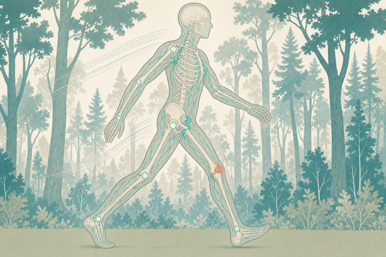 Wissenschaftliche Grafikfigur im zügigen Gehschritt über einen Waldweg, das Skelett scheint durch, feine Lymphbahnen ziehen als helle Linien durch den Körper, ein Kniegelenk terrakottafarben markiert