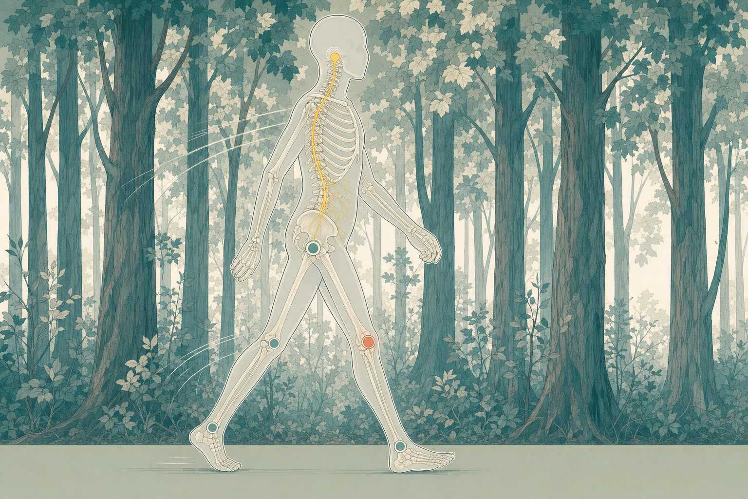 Wissenschaftliche Grafikfigur beim ruhigen Gehen auf einem Waldweg mit durchscheinendem Skelett und gelb markierter Nervenbahn vor dicht gestaffelten Baumstämmen