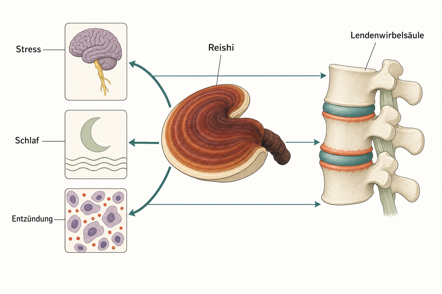 Schema mit einem Reishi-Fruchtkörper in der Mitte, von dem Pfeile zu Stress, Schlaf und Entzündung führen und von dort weiter zu einem terrakottafarben markierten Lendenwirbelsegment