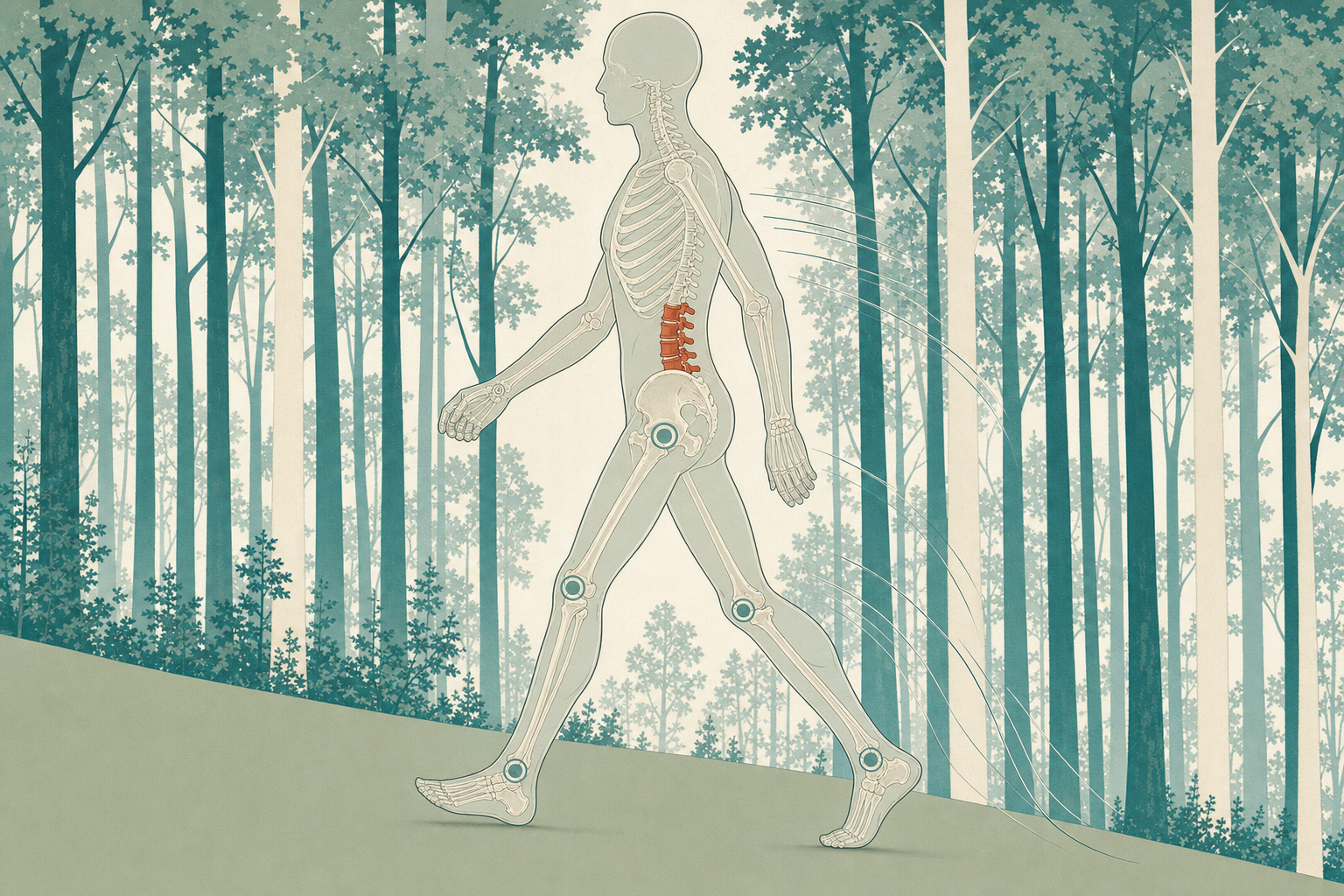 Wissenschaftliche Grafikfigur im aufrechten Gehschritt auf einem ansteigenden Waldweg mit durchscheinendem Skelett und terrakottafarben markierten Lendenwirbeln vor dicht gestaffelten Baumstämmen