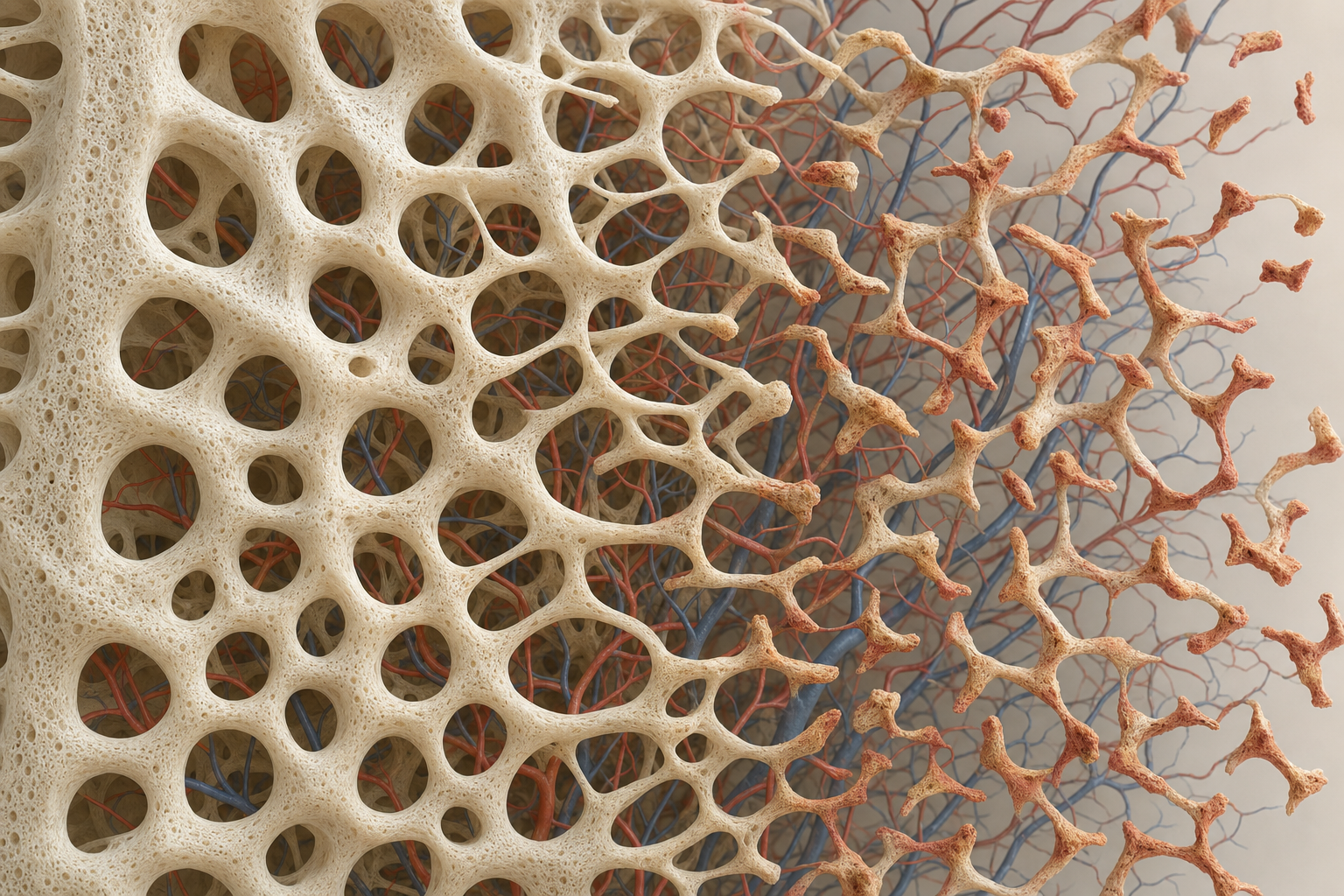 Wissenschaftliches 3D-Modell des Inneren eines Wirbelkörpers mit schwammartigen Knochenbälkchen und feinen Blutgefäßen, nach rechts ausgedünnte und abgebrochene Bälkchen in Terrakotta