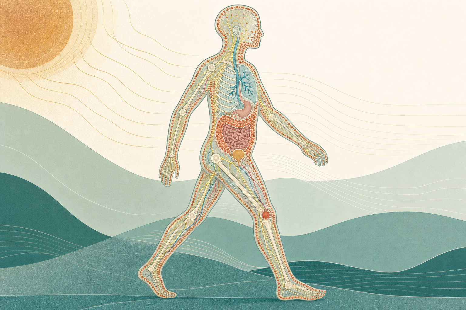 Wissenschaftliche Grafikfigur im Gehschritt unter einer Sonne, im Körper viele terrakottafarbene Punkte als aktivierte Mastzellen entlang von Haut und Darm neben gelben Nervenbahnen