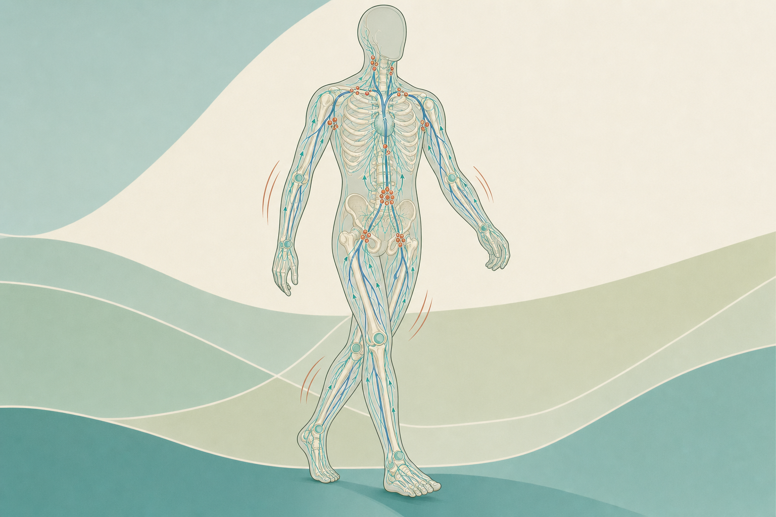 Wissenschaftliche Grafikfigur im Gehschritt mit durchscheinenden Lymphbahnen und terrakottafarben markierten Lymphknotenstationen an Hals, Achseln und Leisten