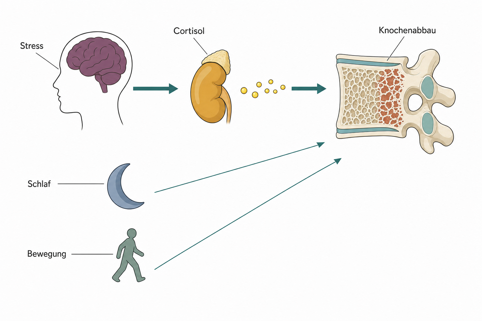 Schema eines Wirkpfads von Stress über das Stresshormon Cortisol zum Knochenabbau in einem Wirbelkörper, darunter Piktogramme für Schlaf und Bewegung als weitere Einflusswege