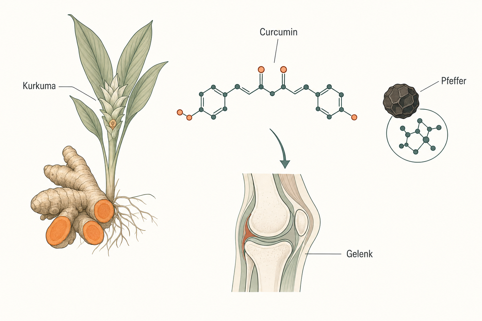 Botanische Schematafel mit Kurkumawurzel, Curcumin-Molekül und Pfeffer als Aufnahmehelfer