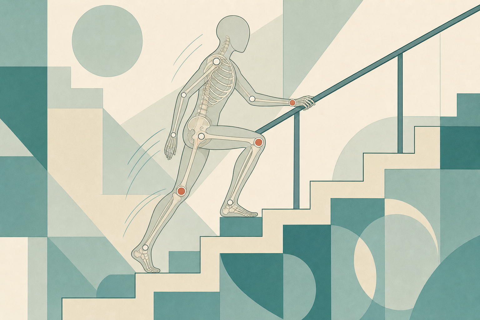 Wissenschaftliche Grafikfigur steigt eine diagonal durch das Bild laufende Treppe hinauf, das Skelett scheint durch, Knie und Handgelenke sind terrakottafarben markiert