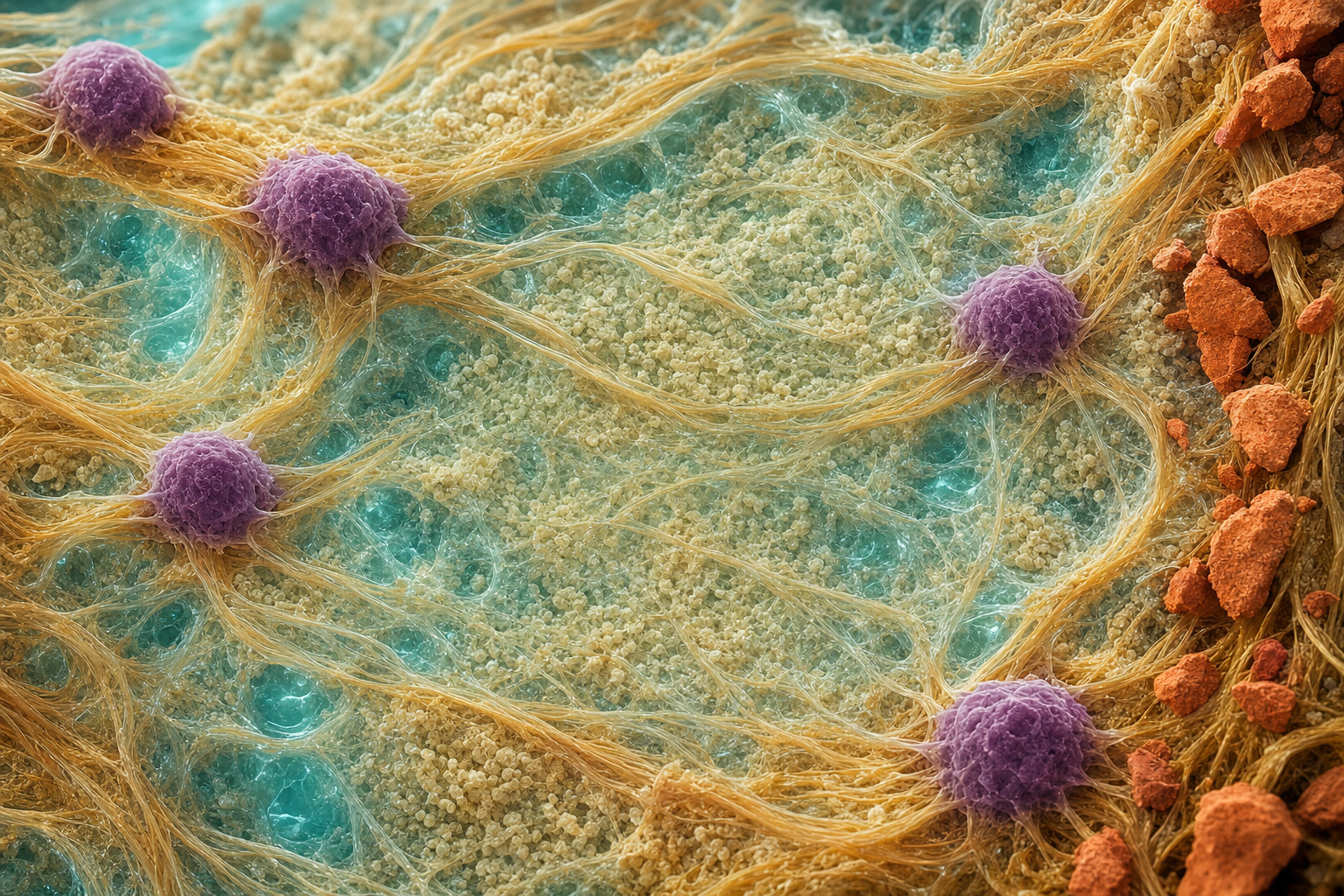 Mikroskopische Visualisierung eines Knochenbälkchens mit verflochtenen Kollagenfasern, Mineralkörnchen und knochenbildenden Zellen, am Rand einzelne terrakottafarbene Fremdpartikel