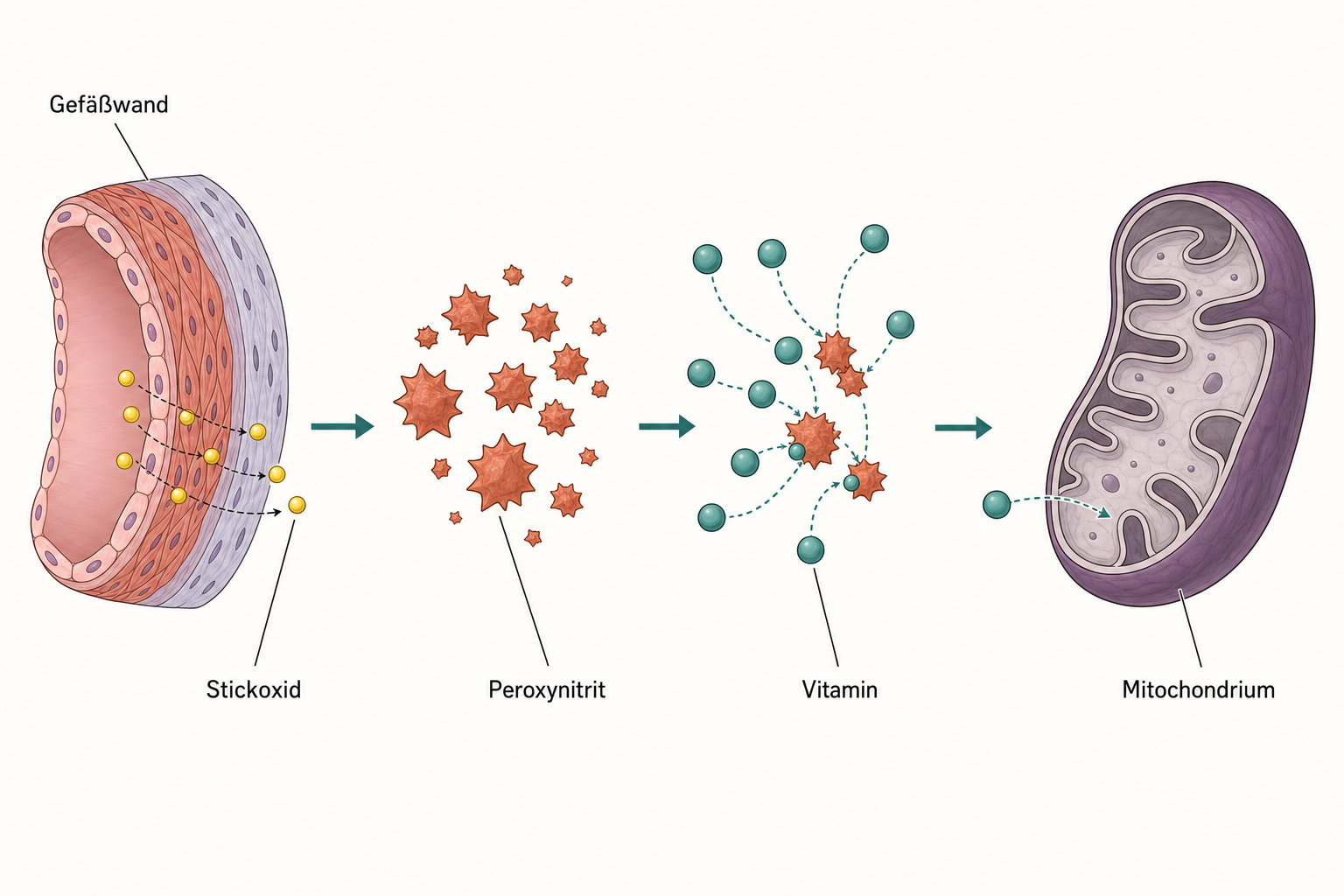 Kettenschema auf Zellebene: aus einer Gefäßwand tritt Stickoxid aus, wird zu Peroxynitrit, verbraucht Vitaminmoleküle, und ein Mitochondrium bleibt blass