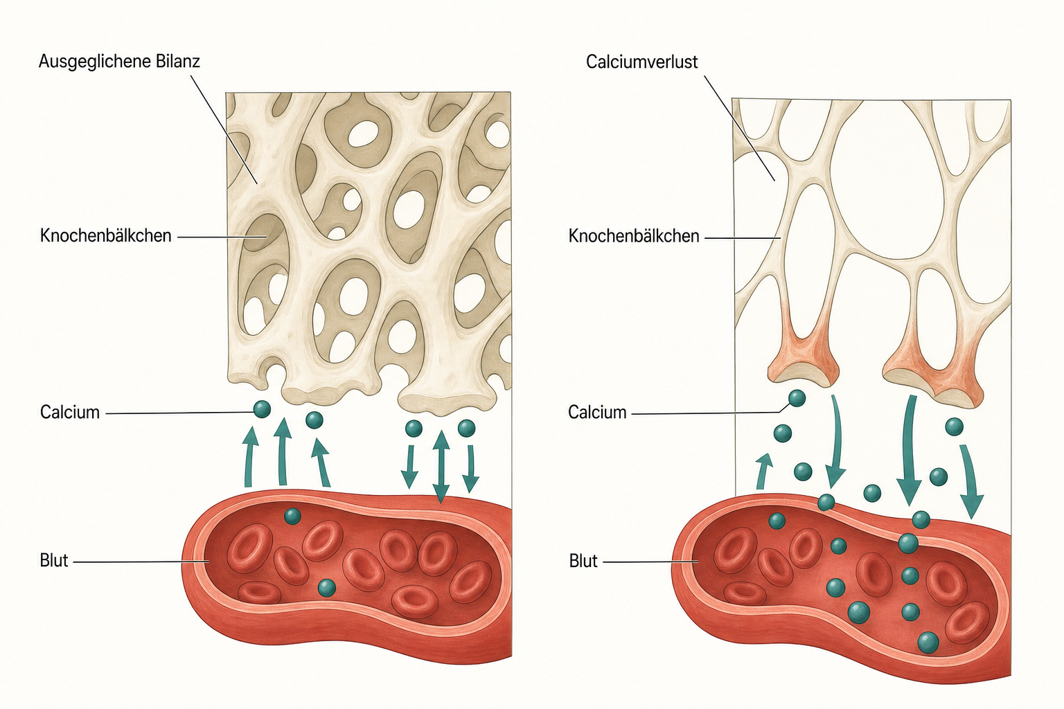 Zwei Schnitte durch Knochengewebe über einem Blutgefäß, links wandert gleich viel Calcium in beide Richtungen, rechts verlässt mehr Calcium den Knochen