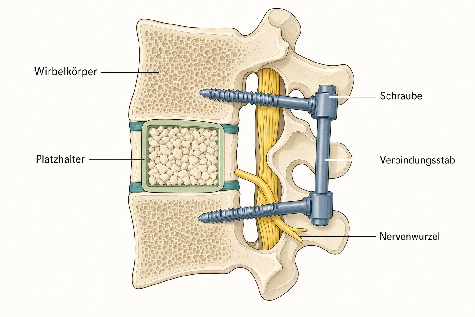 Schema eines stabilisierten Wirbelsegments mit Schrauben in den Wirbelkörpern, einem Verbindungsstab, einem mit Knochen gefüllten Platzhalter im Bandscheibenraum und einer frei liegenden Nervenwurzel