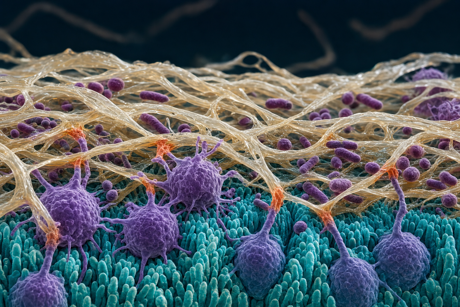 Mikroskopische Visualisierung der Darmschleimhaut mit Bürstensaum, darüber ein Netz aus gequollenen Pilzfasern mit Bakterien, aus der Schleimhaut ragen Immunzellen und berühren die Fasern an terrakottafarben getönten Kontaktstellen