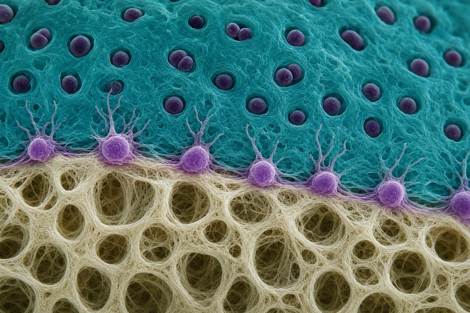 Stark vergrößerte Grenze zwischen Knorpelmatrix mit Knorpelzellen und Knochengewebe, an der einzelne violette Vorläuferzellen sitzen