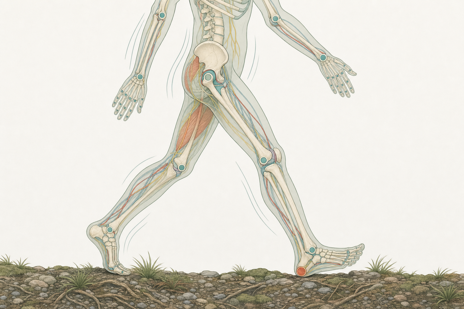 Wissenschaftliche Grafikfigur geht barfuß über unebenen Naturboden, die vordere Ferse setzt auf und ist markiert, die Gelenke der Füße sind als Kreise gekennzeichnet.
