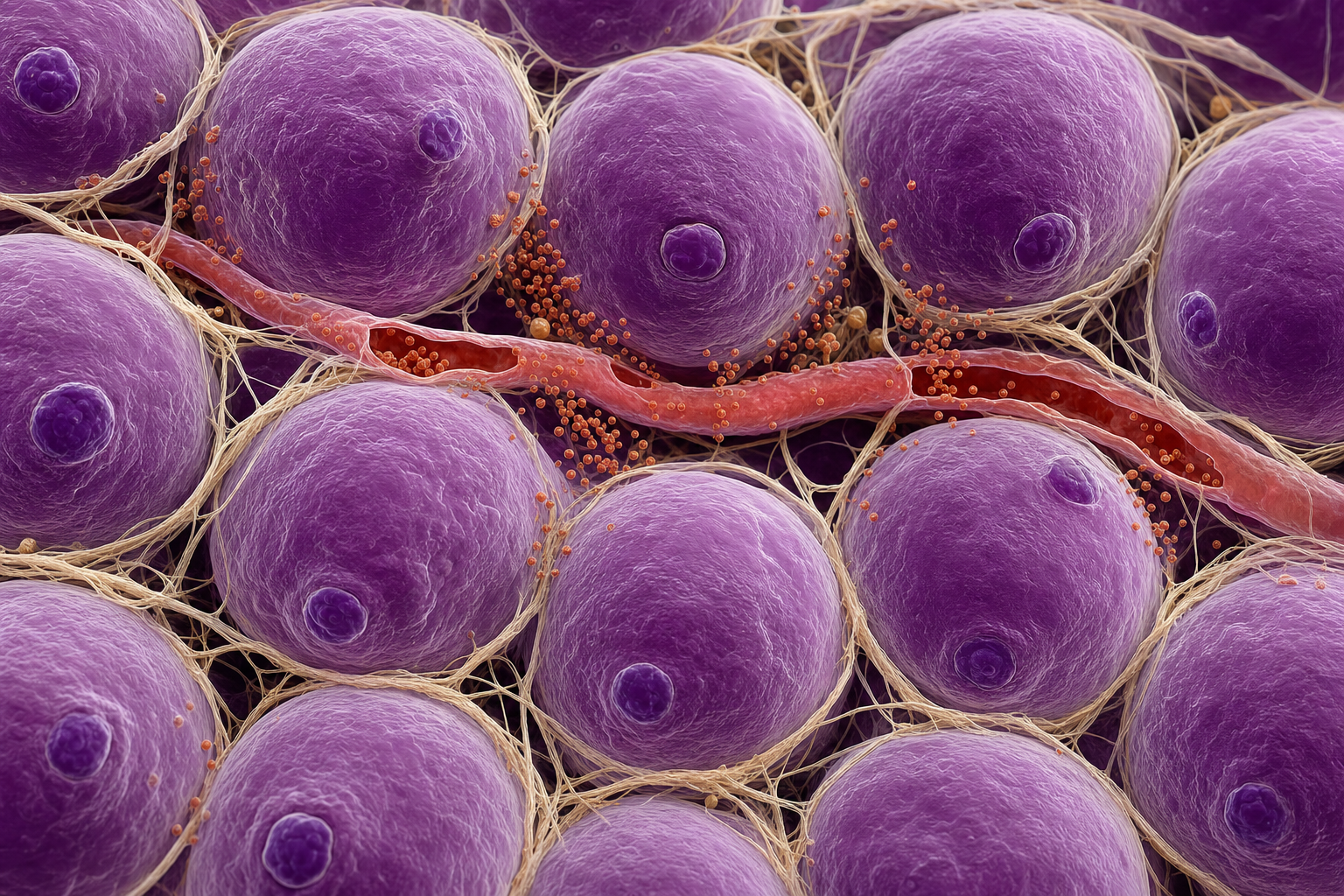 Mikroskopische Visualisierung vergrößerter Fettzellen, aus denen terrakottafarbene Botenstoffe in eine feine Blutkapillare übertreten