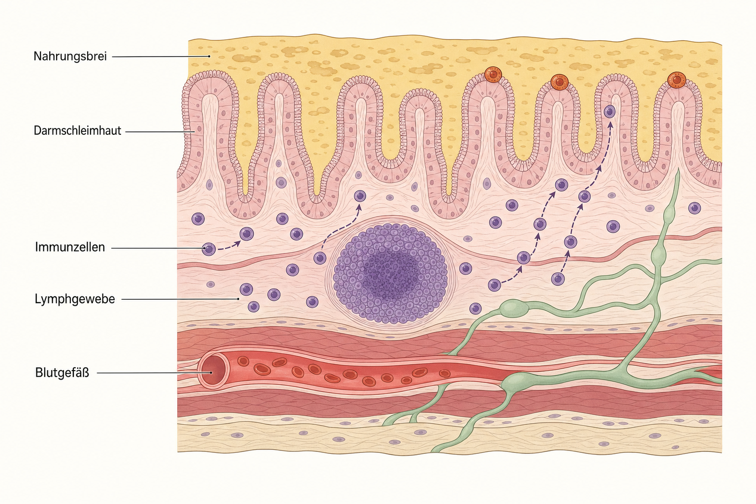 Schnitt durch die Darmwand mit Nahrungsbrei, Darmschleimhaut, Lymphgewebe und Immunzellen, die zur Schleimhaut aufsteigen, drei davon terrakottafarben aktiviert