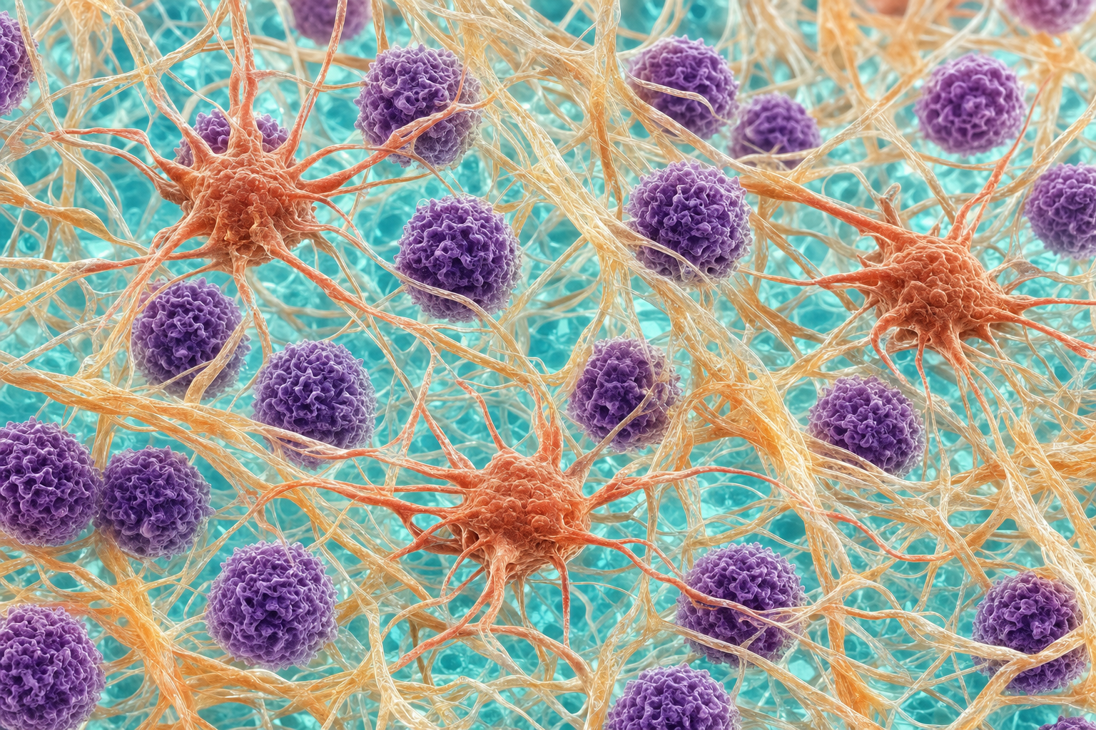 Mikroskopische Visualisierung von Kollagenfasern im Bindegewebe mit kugeligen Immunzellen, drei davon aktiviert und terrakottafarben