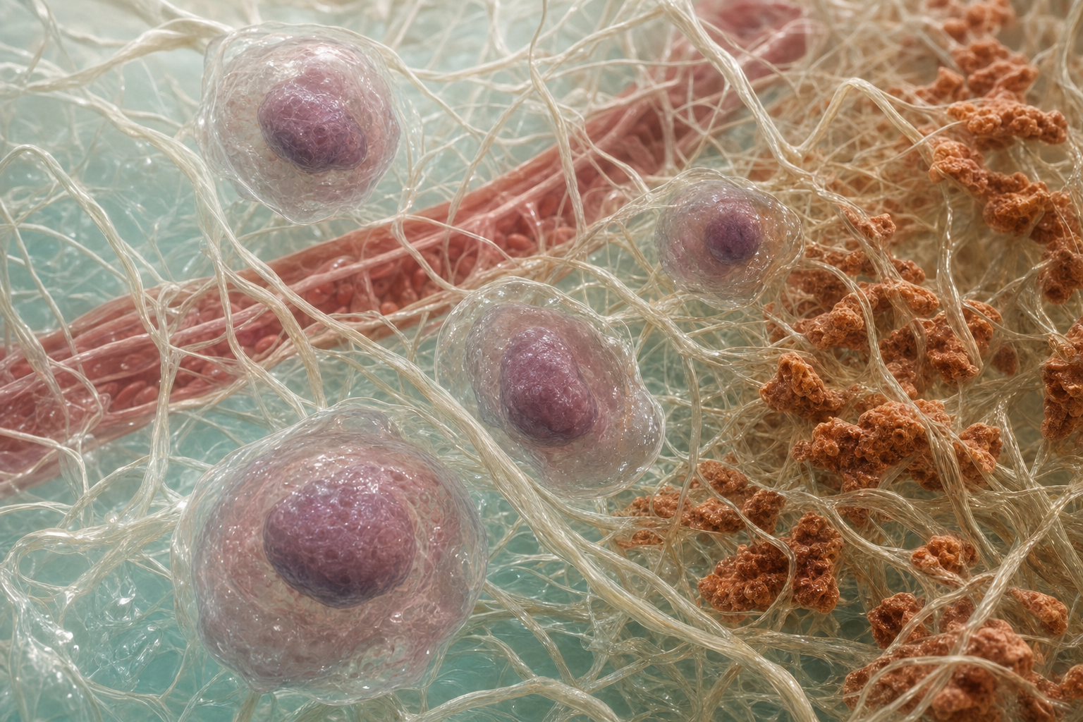 3D-Nahaufnahme in ein Bindegewebe: pflaumenfarbene Zellen in einem Fasergeflecht mit klarer Gewebsflüssigkeit, rechts terrakottafarbene Ablagerungen zwischen den Fasern