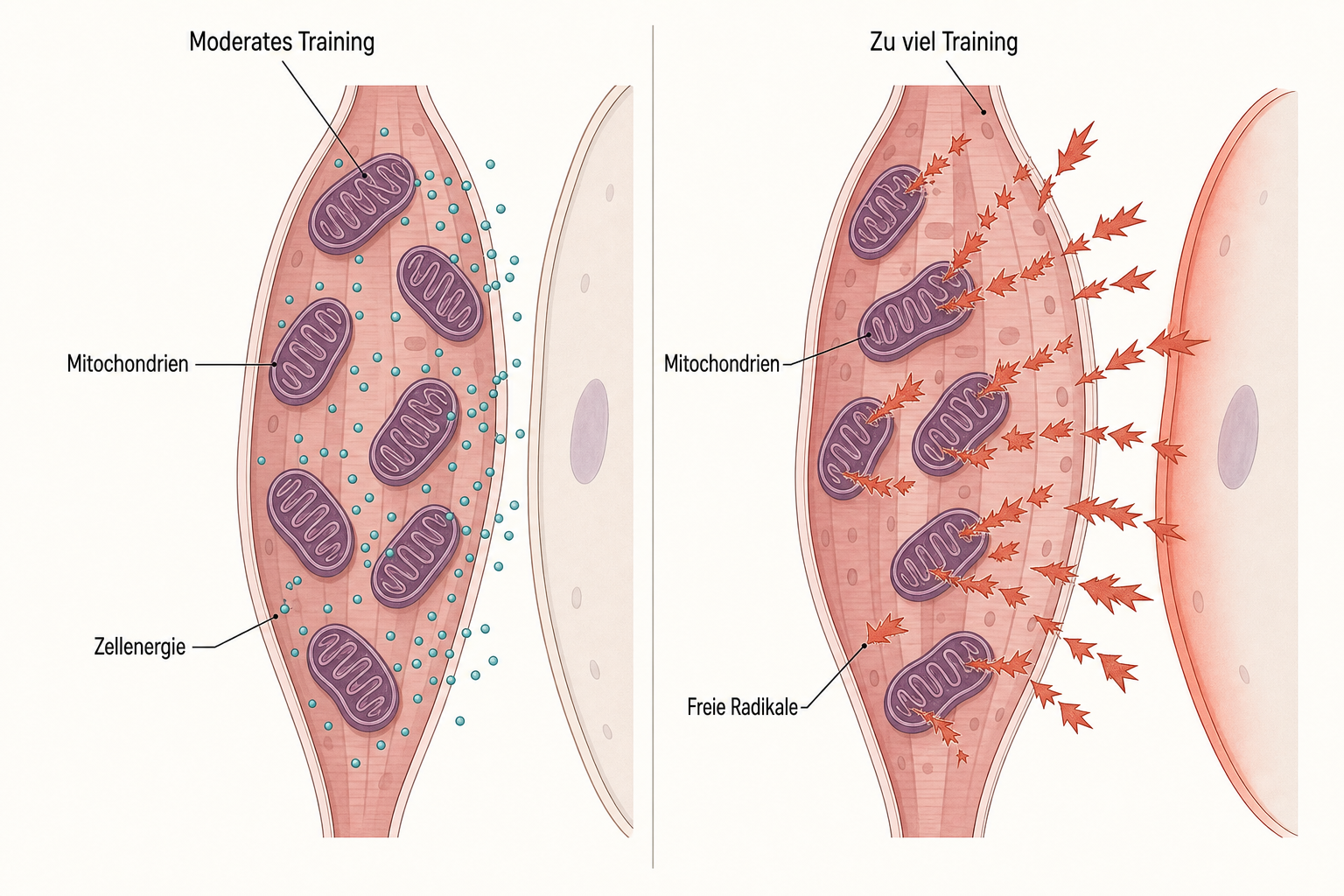 Vergleich zweier Muskelzellen, links geben Mitochondrien bei moderatem Training Zellenergie ab, rechts setzen sie bei zu viel Training freie Radikale frei, die die Nachbarzelle reizen