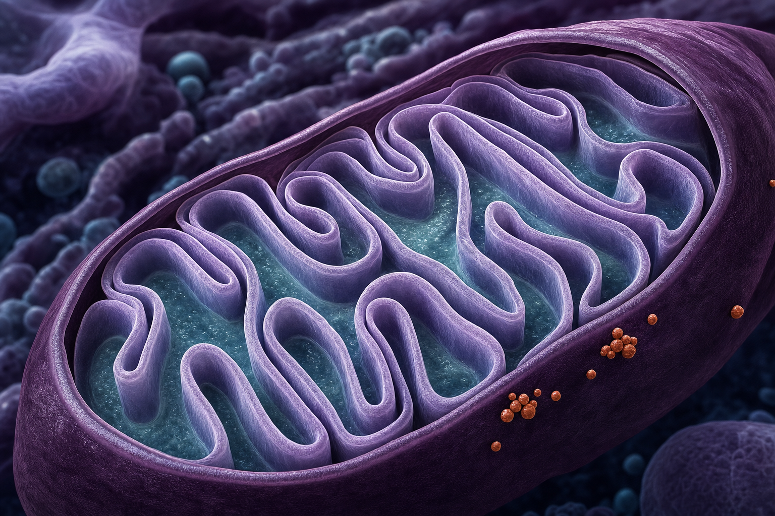 3D-Nahaufnahme eines aufgeschnittenen Mitochondriums mit gefalteten Innenmembranen und wenigen terrakottafarbenen Partikeln an der Oberfläche