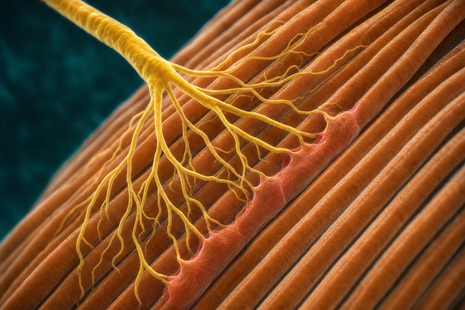 Mikroskopische Visualisierung einer gelben Nervenfaser, die sich zu einem Bündel bernsteinfarbener Muskelfasern verzweigt, die erreichten Fasern sind terrakottafarben hervorgehoben