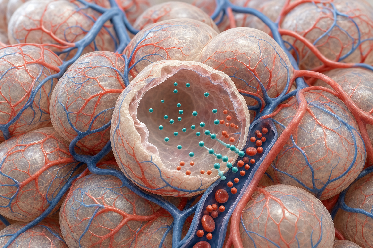 Wissenschaftliches 3D-Modell einer Traube von Lungenbläschen mit aufgeschnittenem Bläschen und Kapillarnetz, petrolfarbene Sauerstoffkugeln treten ins Blut über, terrakottafarbene Kohlendioxidkugeln bleiben darin