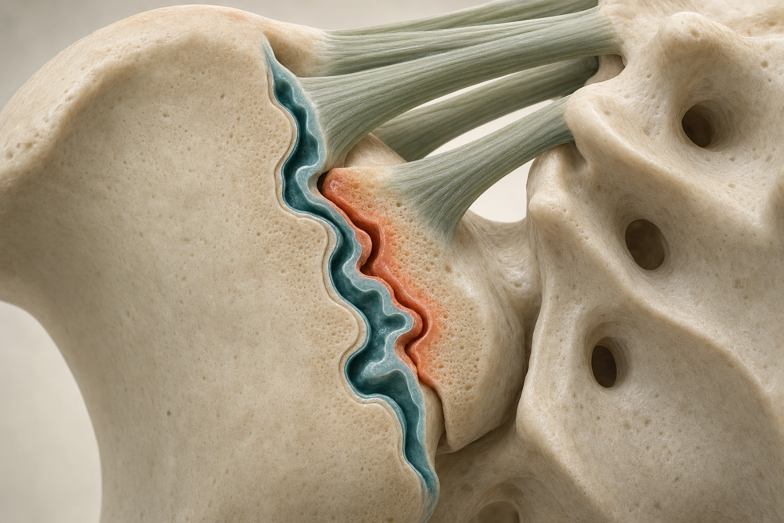 3D-Nahaufnahme des Iliosakralgelenks mit aufgeschnittenem Gelenkspalt, die gewellten Gelenkflächen von Kreuzbein und Darmbein sind gegeneinander verschoben, die Kontaktzone ist terrakottafarben hervorgehoben, darüber straffe Bänder