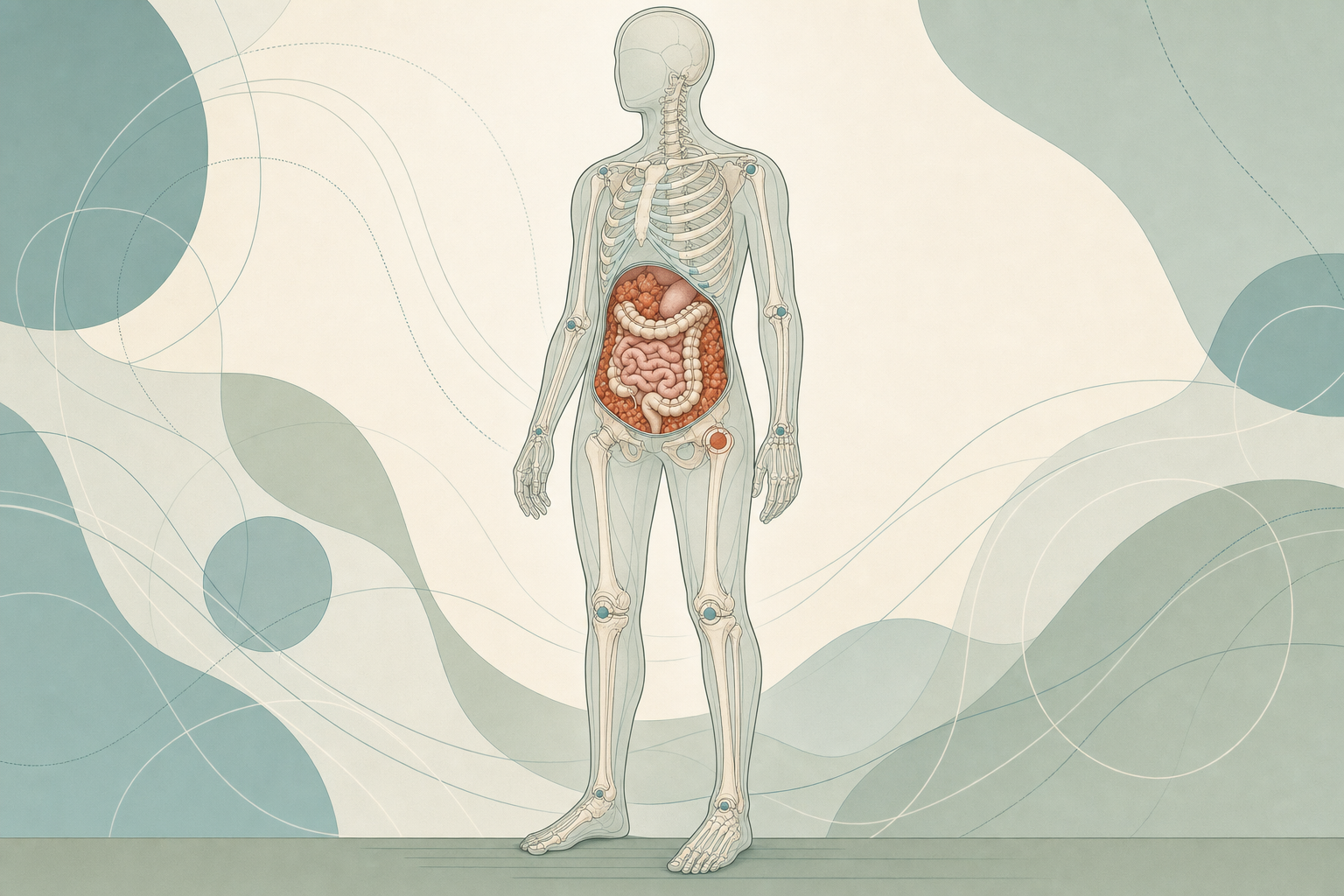Wissenschaftliche Grafikfigur mit schlanker Silhouette und durchscheinendem Skelett, im transparenten Bauchraum liegt zwischen den Darmschlingen terrakottafarbenes viszerales Fett