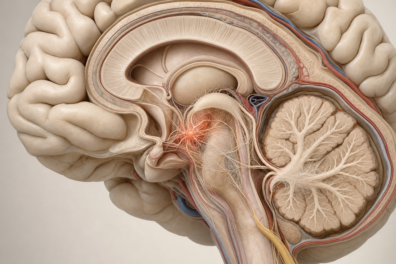 Aufgeschnittenes 3D-Modell eines Gehirns von der Seite mit Hirnstamm und austretendem gelbem Vagusnerv, im Bereich von Zwischenhirn und Hirnstamm eine terrakottafarben aufgeladene Zone