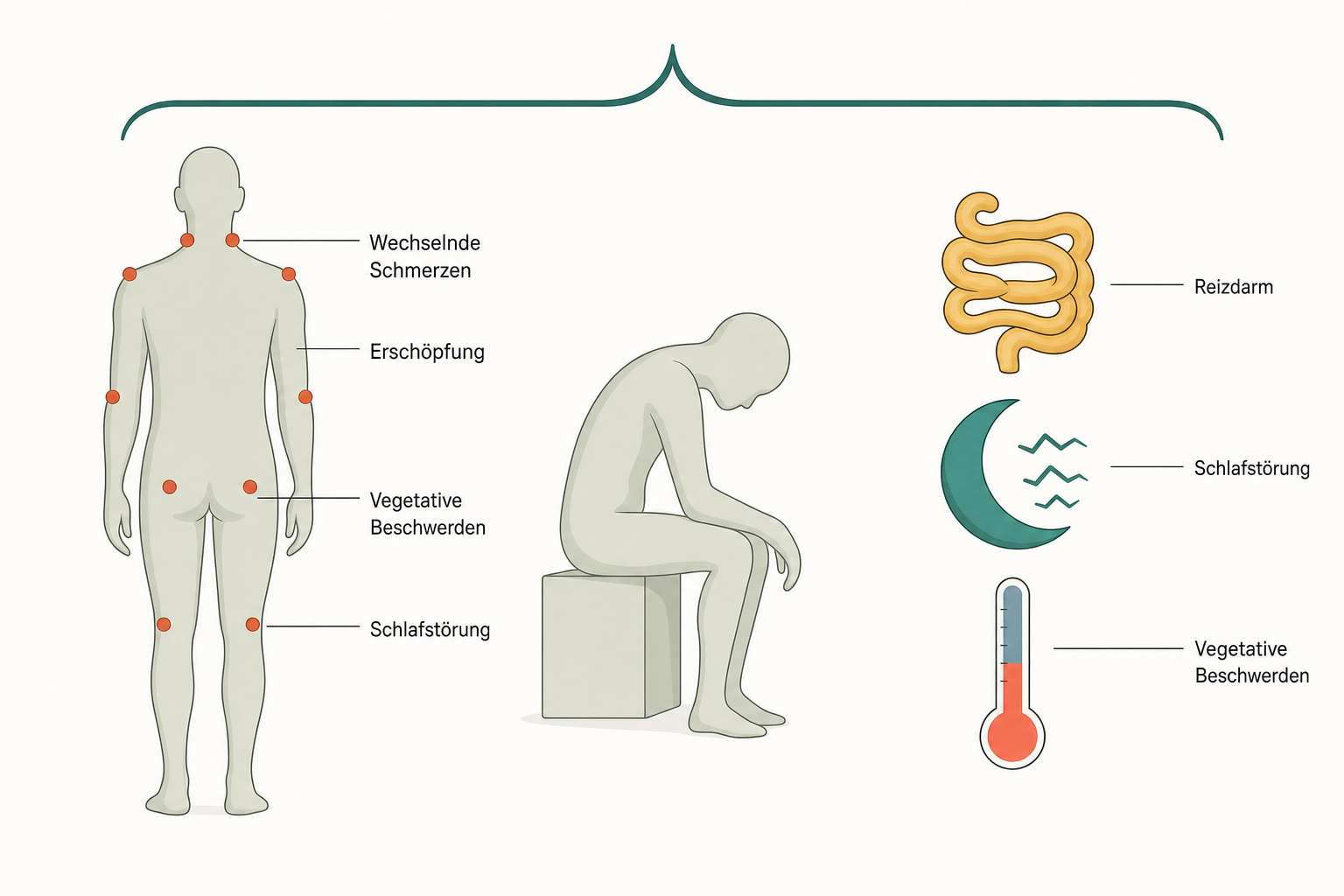 Dreiteiliges Schema der Symptom-Trias mit einer Körpersilhouette voller Schmerzpunkte, einer erschöpft sitzenden Silhouette und Piktogrammen für Darm, Schlaf und Temperaturregulation