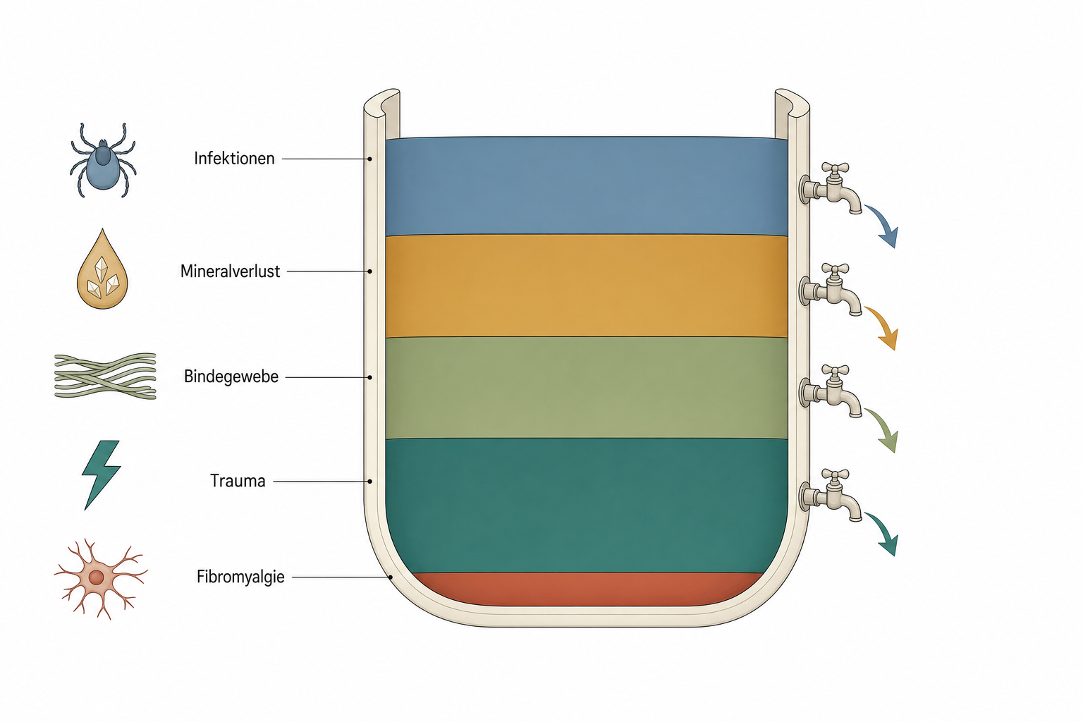 Schema eines Gefäßes im Querschnitt mit vier farbigen Schichten für Infektionen, Mineralverlust, Bindegewebe und Trauma, die über seitliche Auslässe einzeln abgelassen werden, am Boden bleibt ein terrakottafarbener Rest mit der Beschriftung Fibromyalgie