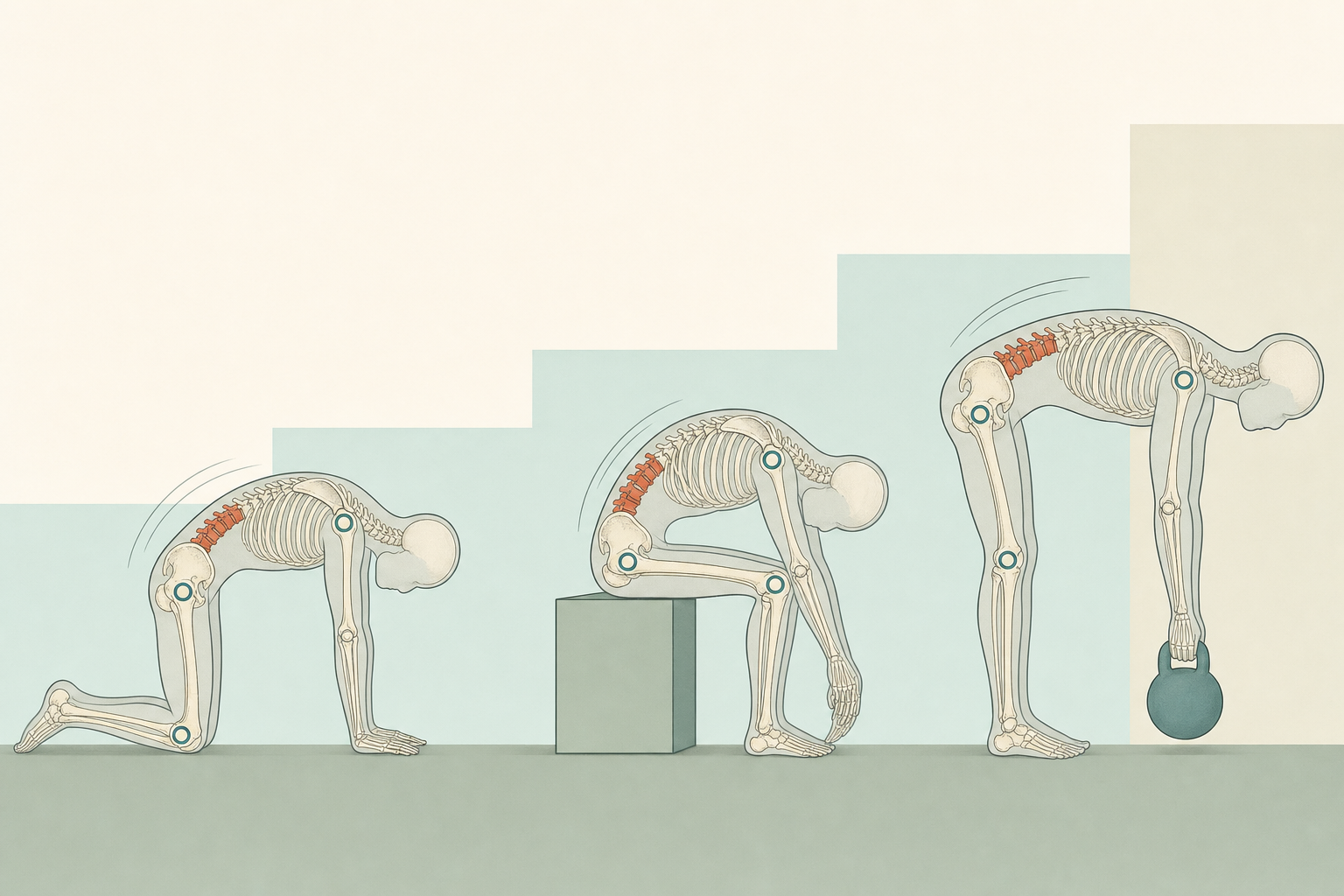 Drei wissenschaftliche Grafikfiguren zeigen das Vorbeugen in wachsenden Stufen vom Vierfüßlerstand über das Sitzen bis zum Stehen mit Kugelhantel, die Lendenwirbelsäule jeweils terrakottafarben markiert